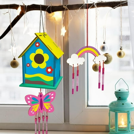 2 Set DIY Bird House Wind Chime Kits, Birdhouse Kit Crafts for Kids Ages 4-12, Build and Paint Birdhouses Wooden Arts Kits, Outdoor toys, Ideal Birthday, Children's Day ,Christmas Gifts for Kids