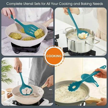 Vesteel 15-Piece Kitchen Utensils Set, Silicone Cooking Utensils with Holder, Non-stick Cookware Friendly & Heat Resistant - Teal Blue, Blue