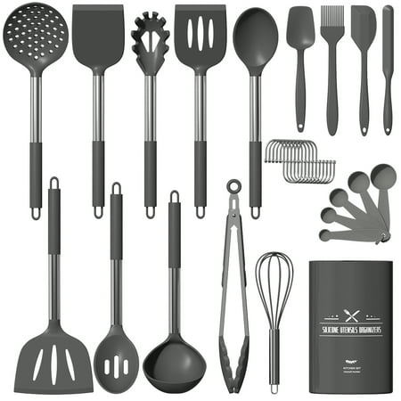 Silicone Cooking Utensil Set, 30 Pcs Kitchen Utensils Cooking Utensils Set, Food Grade Silicone Spatula Set, Non-stick Heat Resistant Silicone Cookware with Strong Stainless Steel Handle, Gray, Gray
