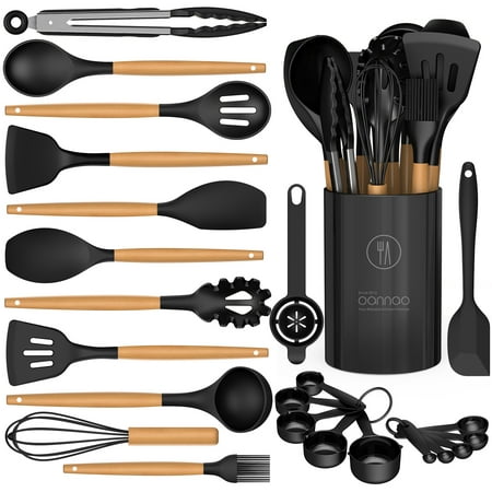 Silicone Cooking Utensils Set - Silicone Kitchen Utensils for Cooking Wooden Handles, 446?F Heat Resistant Kitchen Utensil Spatula Sets w Holder, Gadgets for Non-Stick Cookware BPA FREE (Black)