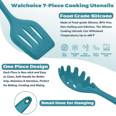 Walchoice 7-Piece Silicone Cooking Utensils Set, Blue Kitchen Utensils, Non-stick Gadgets Tools Include Slotted Turner, Soup Ladle, Pasta Server, Blue