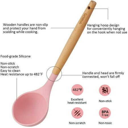 VIVAYO Kitchen Utensils Set, 32 Pcs Non-Stick Silicone Cooking Utensil Spatula Set with Holder, Wooden Handle Heat Resistance Silicon Kitchen Set with Ladle Whisk, Tongs, Measuring Cups, Spoons, Pink