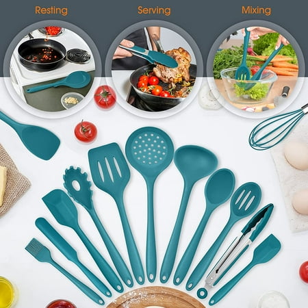 Vesteel 15-Piece Kitchen Utensils Set, Silicone Cooking Utensils with Holder, Non-stick Cookware Friendly & Heat Resistant - Teal Blue, Blue