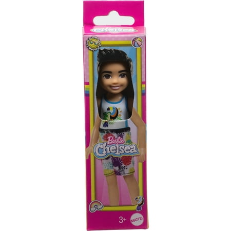 Barbie Chelsea Small Doll with Beach Swimsuit, Toucan & Tropical Leaf Print, Black Hair & Brown Eyes