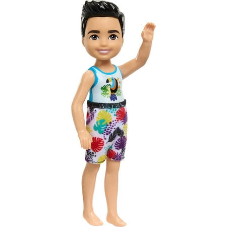 Barbie Chelsea Small Doll with Beach Swimsuit, Toucan & Tropical Leaf Print, Black Hair & Brown Eyes