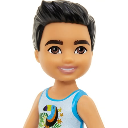 Barbie Chelsea Small Doll with Beach Swimsuit, Toucan & Tropical Leaf Print, Black Hair & Brown Eyes