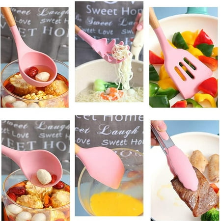 VIVAYO Kitchen Utensils Set, 32 Pcs Non-Stick Silicone Cooking Utensil Spatula Set with Holder, Wooden Handle Heat Resistance Silicon Kitchen Set with Ladle Whisk, Tongs, Measuring Cups, Spoons, Pink