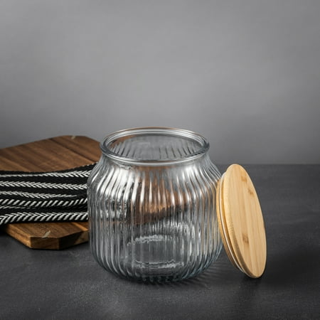 Thyme & Table Small (2.2 L) Ribbed Glass Kitchen Organization Jar with Bamboo Lid, Clear