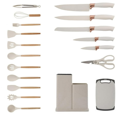 19PCS Kitchen Utensils Set for Cooking, 11 Cooking Utensils, 6 Knife set Beige,3 Utensil Sets,utensilios de cocina, Beige