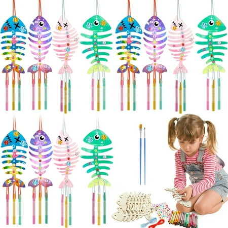 12 Pack Wind Chime Kit for Kids,Fish Wind Chime Kit Wooden Arts and Crafts for Girls Boys DIY Fish Bone Craft for Art Activity Birthday Party, 1 Set?12Pcs?