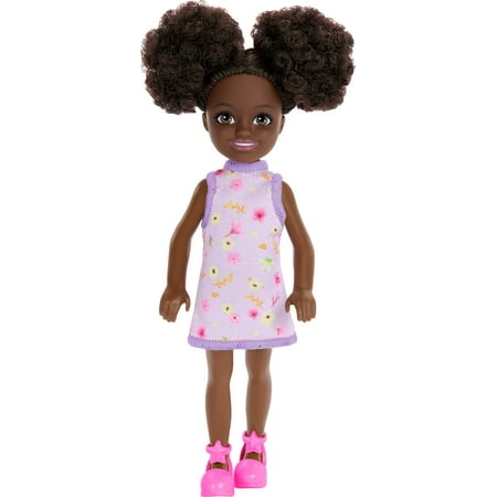 Barbie Chelsea Doll, Small Doll Wearing Removable Purple Floral Dress with Space Buns & Brown Eyes