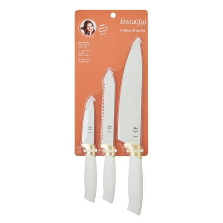 Beautiful 3-Piece Soft Grip Stainless Steel Chef Knife Set White and Gold by Drew Barrymore