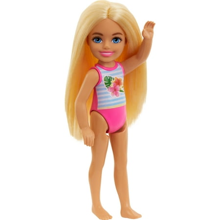 Barbie Chelsea Small Doll with Beach Swimsuit, Stripes & Floral Print, Blonde Hair & Blue Eyes