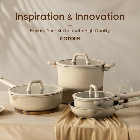 Carote 19 Pcs Nonstick Cookware Sets, Non Stick Pots and Pans Set, Induction Cookware, Taupe, Gray