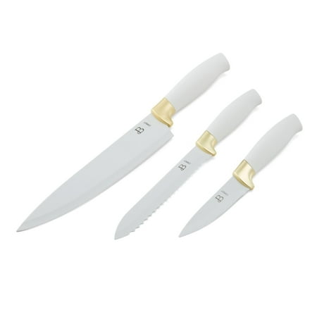 Beautiful 3-Piece Soft Grip Stainless Steel Chef Knife Set White and Gold by Drew Barrymore