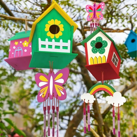2 Set DIY Bird House Wind Chime Kits, Birdhouse Kit Crafts for Kids Ages 4-12, Build and Paint Birdhouses Wooden Arts Kits, Outdoor toys, Ideal Birthday, Children's Day ,Christmas Gifts for Kids