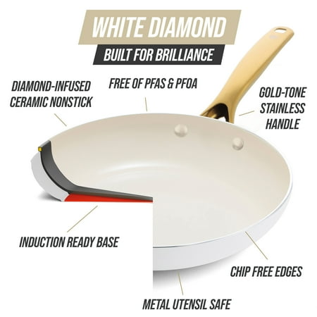 Blue Diamond White 12 Piece Nonstick Aluminum Pot and Pan Cookware Set, Gold
