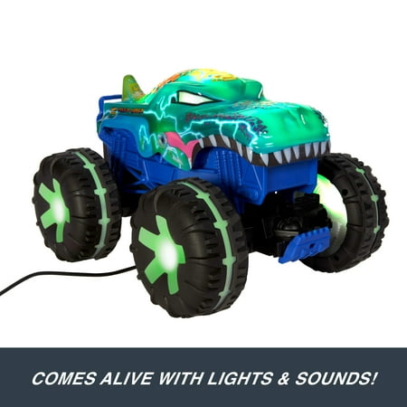 Hot Wheels Monster Trucks 1:15 Scale Mega-Wrex Alive Remote-Control Vehicle, Battery-Powered RC with Interactive Lights & Sounds