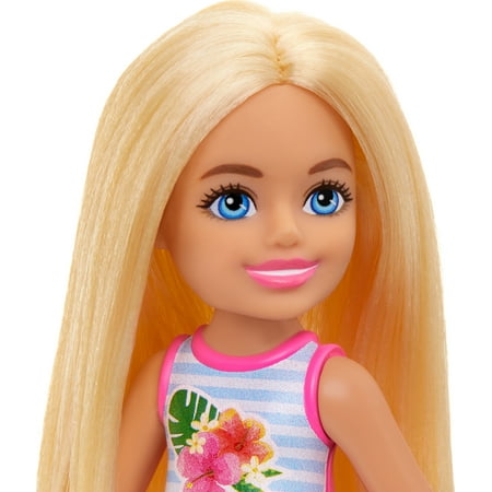 Barbie Chelsea Small Doll with Beach Swimsuit, Stripes & Floral Print, Blonde Hair & Blue Eyes