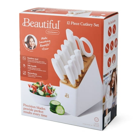 Beautiful 12 Piece Stainless Steel Knife Block Set, Soft-Grip Handles White Icing by Drew Barrymore, White