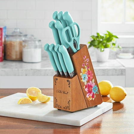 The Pioneer Woman Breezy Blossoms 11-Piece Stainless Steel Knife Block Set, Teal