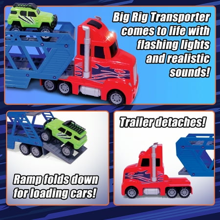 Adventure Force Light and Sound Big Rig Super Transporter, 12 Piece Set, 24 Inch Full Length Semi-Truck with Trailer!