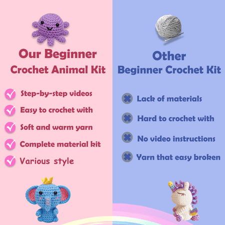 Yarniss Beginner Crochet Kit, Crochet Animal Kit for Unicorn,Octopuses, Elephant