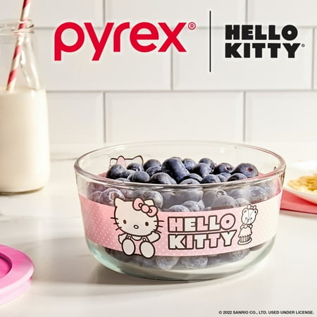 Pyrex Hello Kitty 4-Cup Round Glass Storage Container with Pink Airtight Lid, 2-Piece