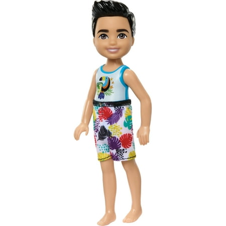 Barbie Chelsea Small Doll with Beach Swimsuit, Toucan & Tropical Leaf Print, Black Hair & Brown Eyes