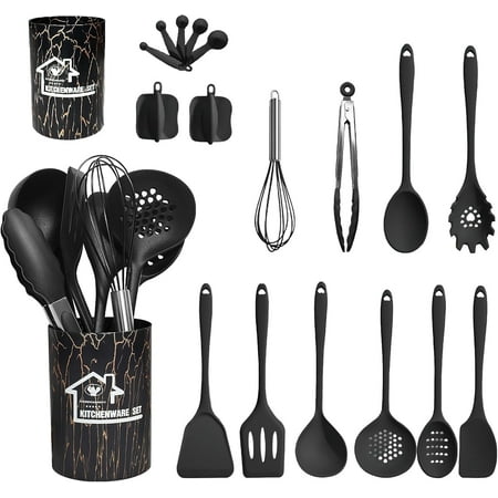 18PCS Silicone Cooking Utensils Set - 446?F Heat Resistant Kitchen Utensils,Turner Tongs,Spatula,Spoon,Brush,Whisk,Kitchen Utensil Gadgets Tools Set for Nonstick Cookware,Dishwasher Safe - Black, Black