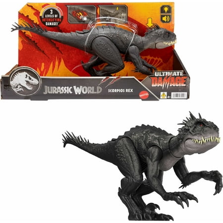 Jurassic World Ultimate Damage Scorpios Rex Dinosaur Toy Figure with Damage, Light & Sound Toy