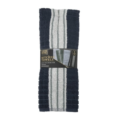 Thyme & Table Kitchen Towels, Navy, Green, & White, 5 Pack Set