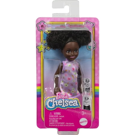 Barbie Chelsea Doll, Small Doll Wearing Removable Purple Floral Dress with Space Buns & Brown Eyes