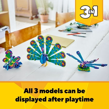 LEGO Creator 3 in 1 Exotic Peacock Toy, Transforms from Peacock to Dragonfly to Butterfly Toy, Play-and-Display Gift Idea for Boys and Girls Ages 7 Years Old and Up, Bird Toy, 31157