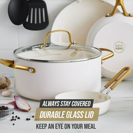 Blue Diamond White 12 Piece Nonstick Aluminum Pot and Pan Cookware Set, Gold