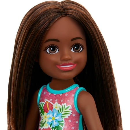 Barbie Chelsea Small Doll with Beach Swimsuit, Polka Dot & Floral Print, Brown Hair & Brown Eyes
