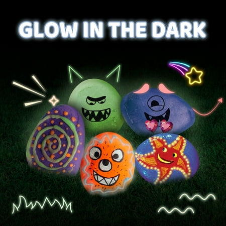 12 Rock Painting Kit, 43 Pcs Arts and Crafts for Kids Ages 5-7, Art Supplies with 18 Paints (Glow in The Dark & Metallic & Standard), Craft Paint Kits for Boys and Girls Ages 8-11, Old