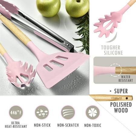 VIVAYO Kitchen Utensils Set, 32 Pcs Non-Stick Silicone Cooking Utensil Spatula Set with Holder, Wooden Handle Heat Resistance Silicon Kitchen Set with Ladle Whisk, Tongs, Measuring Cups, Spoons, Pink