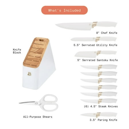 Beautiful 12 Piece Stainless Steel Knife Block Set, Soft-Grip Handles White Icing by Drew Barrymore, White