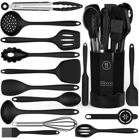 Black Silicone Cooking Utensils Set - 446?F Heat Resistant Kitchen Utensils,Turner Tongs,Spatula,Spoon,Brush,Whisk,Kitchen Utensil Gadgets Tools Set for Nonstick Cookware,Dishwasher Safe (BPA Free)