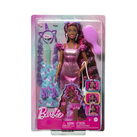 Barbie Fun & Fancy Hair Doll with Extra-Long Colorful Black Hair and Styling Accessories