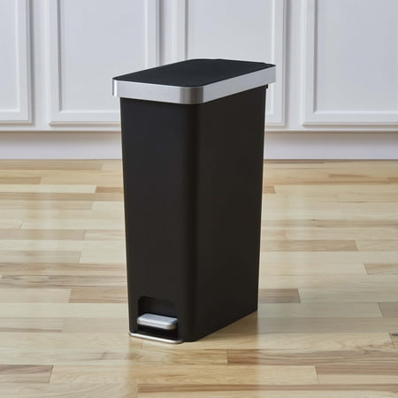 Better Homes & Gardens 10.5 Gallon Kitchen Step Trash Can, Plastic Slim Step-On Kitchen Trash Can, Black, Black