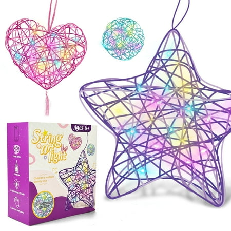 Arts and Crafts for Kids Ages 6-12, 3 Pack 3D String Art Kit for Girls,Christmas Birthday Gifts for 8 9 10 11 12 Year Old Girls and Boys Heart Star Round Lantern 20 Multi-Colored LED Bulbs