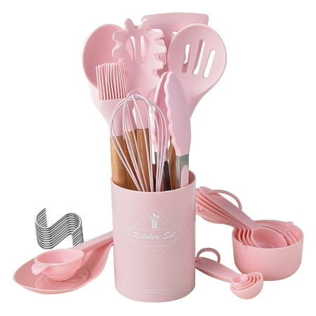 VIVAYO Kitchen Utensils Set, 32 Pcs Non-Stick Silicone Cooking Utensil Spatula Set with Holder, Wooden Handle Heat Resistance Silicon Kitchen Set with Ladle Whisk, Tongs, Measuring Cups, Spoons, Pink