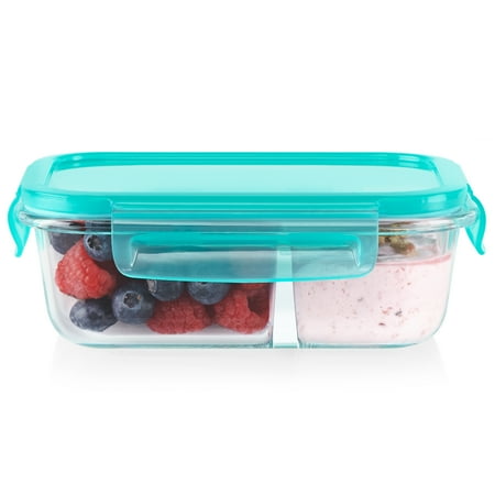 Pyrex MealBox 2.3-cup Divided Glass Food Storage Container with Blue Lid, 2.1 cup