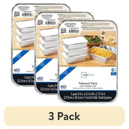(3 pack) Mainstays Aluminum Foil Medium Takeout Pans with Folded Lids, 3 Count