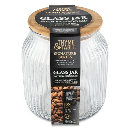 Thyme & Table Medium (2.6 L) Ribbed Glass Kitchen Organization Jar with Bamboo Lid, Clear