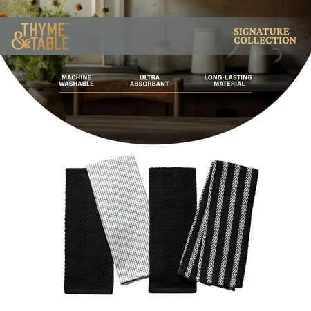 Thyme & Table Kitchen Towels, White and Black, 4 Pack Set