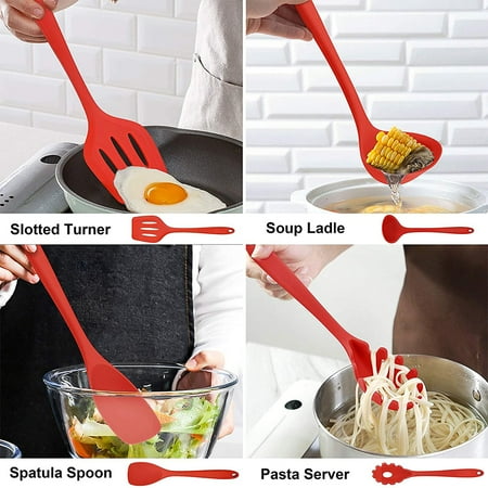 Walchoice 14 Pcs Cooking Utensils Set with Holder, Heat Resistant Silicone Kitchen Cookware Utensils Set, Kitchen Cooking Tools Includes Spatula Spoon Turner Whisk Tong, Dishwasher safe, Red, Red