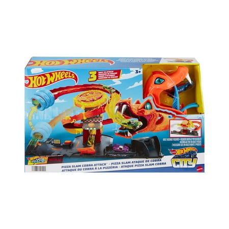 Hot Wheels City Track Set Pizza Slam Cobra Attack Playset with 1:64 Scale Toy Car for Kids, 24.51 in